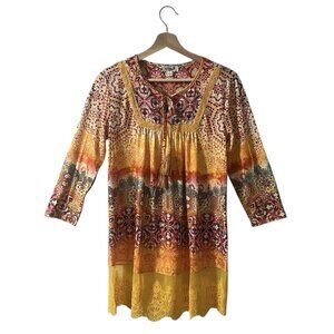 One World Tunic Top Size Small Orange Yellow Floral Lace Hem Macrame Yoke Tassel